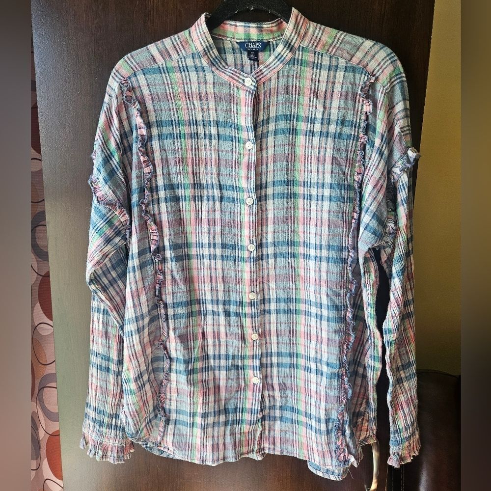 Chaps Pastel Plaid Button Down Shirt Size Large